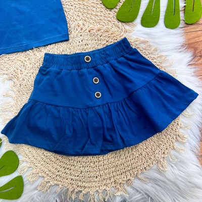 Conj. Blusa Ombro-a-Ombro e Saia com Botões - Azul Jeans